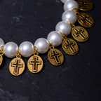 Pulsera de Perlas con Medallas de Jesús y María y Cruz Estilo Retro