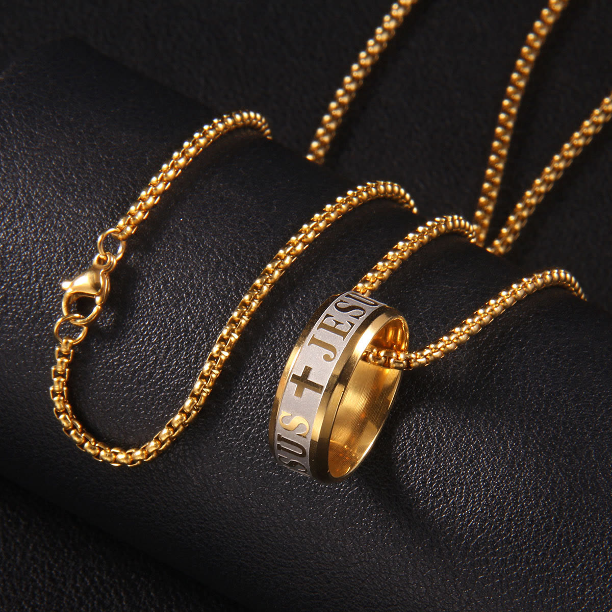 Anillo y Collar de Cadena con Grabado Láser "JESÚS" Estilo Combinado