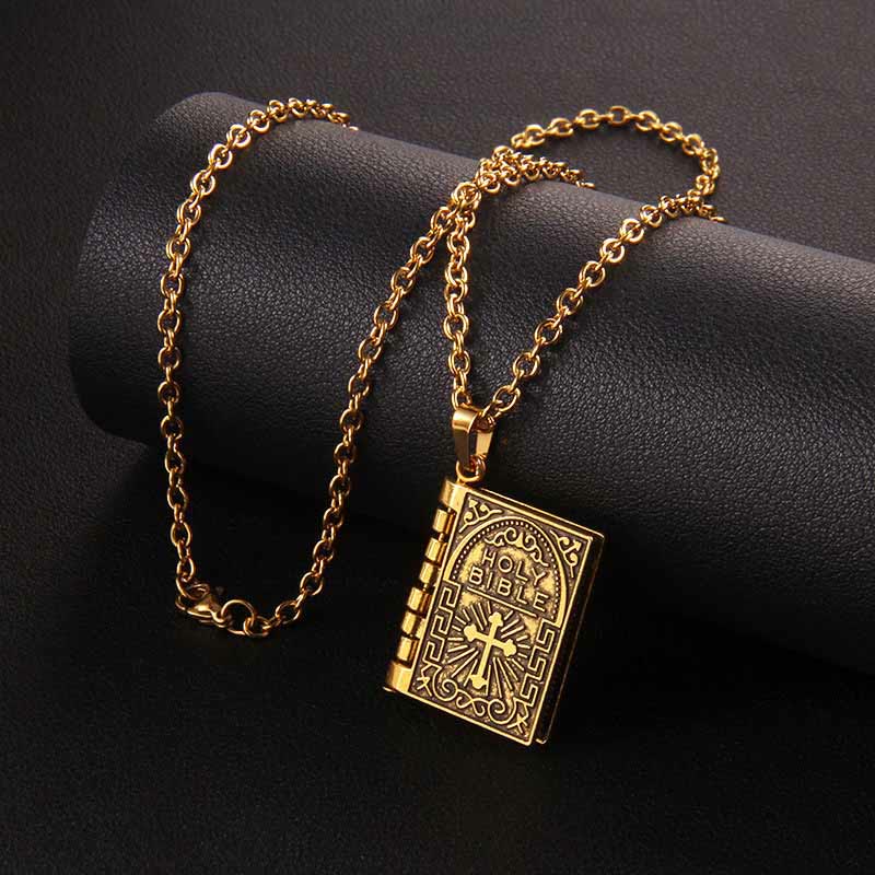 Collar de Calidad con Dije Giratorio de Cruz y Santa Biblia