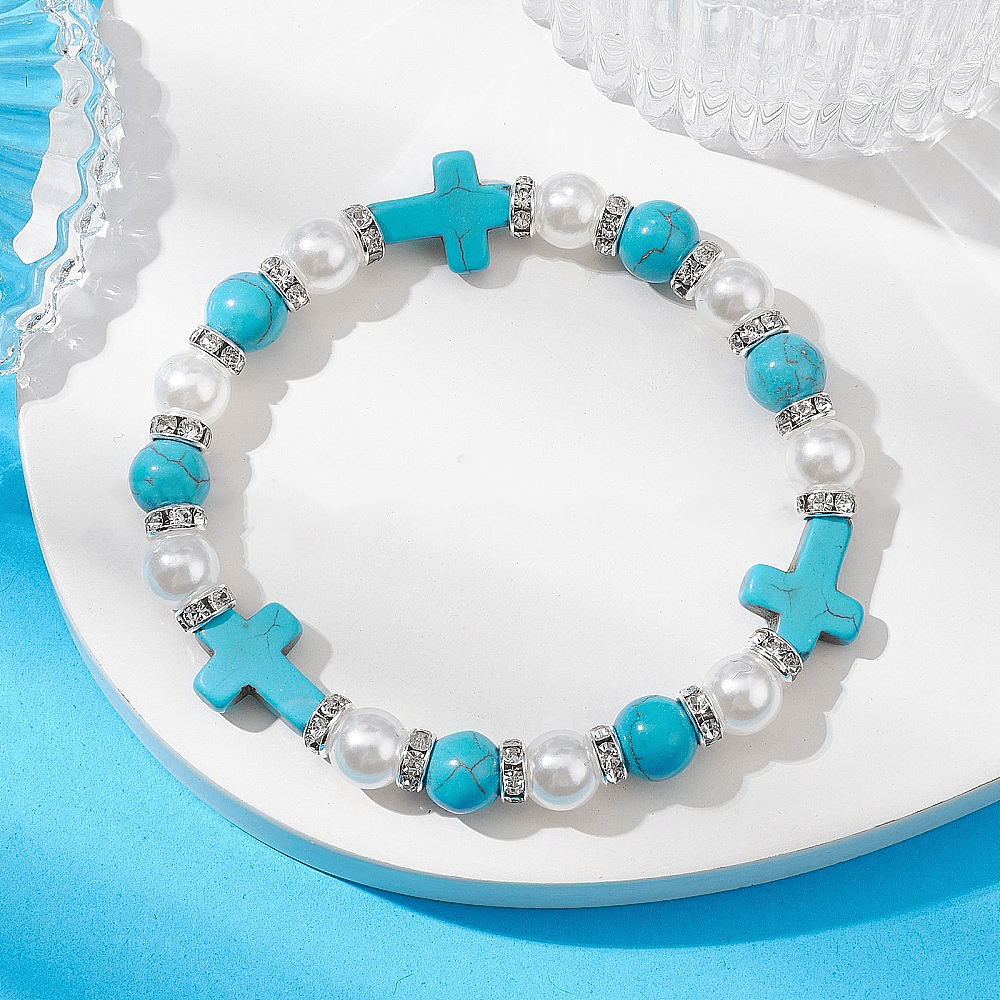 Pulsera de Energía Sanadora de Cruz con Perla y Turquesa