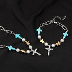 Pulsera/Collar de Titanio con Cruz de Turquesa y Circonia Hecha a Mano