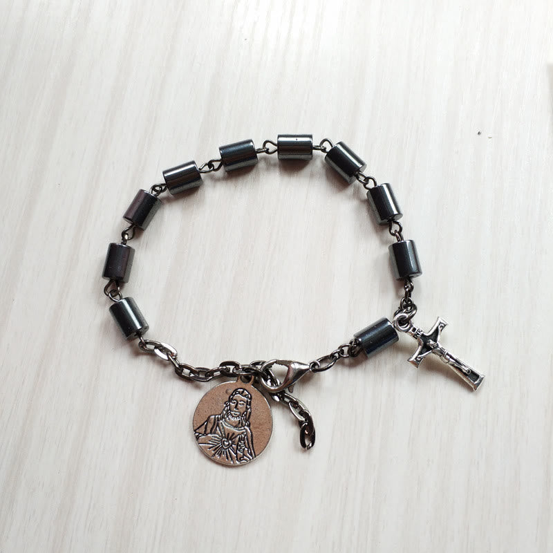 Pulsera Sencilla de Hematita con Sagrado Corazón de Jesús y Crucifijo