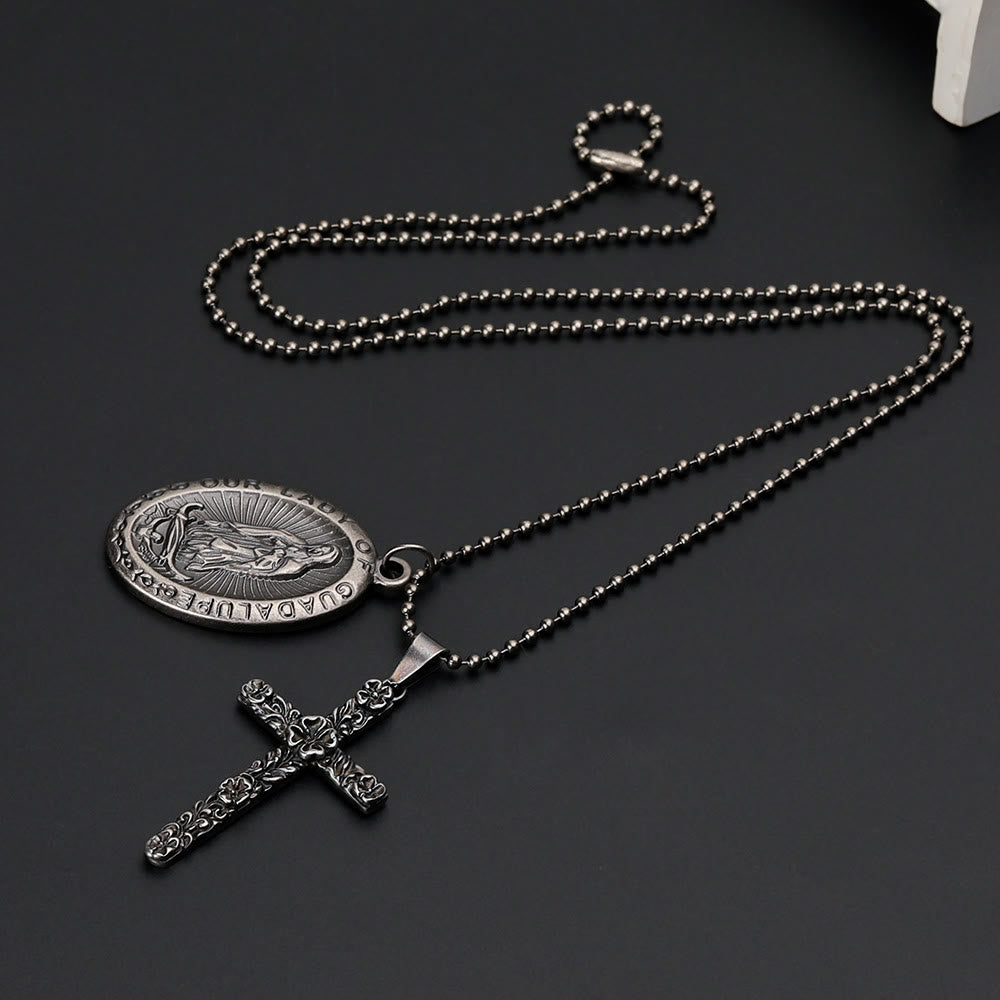 Collar de Titanio Retro Exquisito de la Virgen de Guadalupe y Cruz