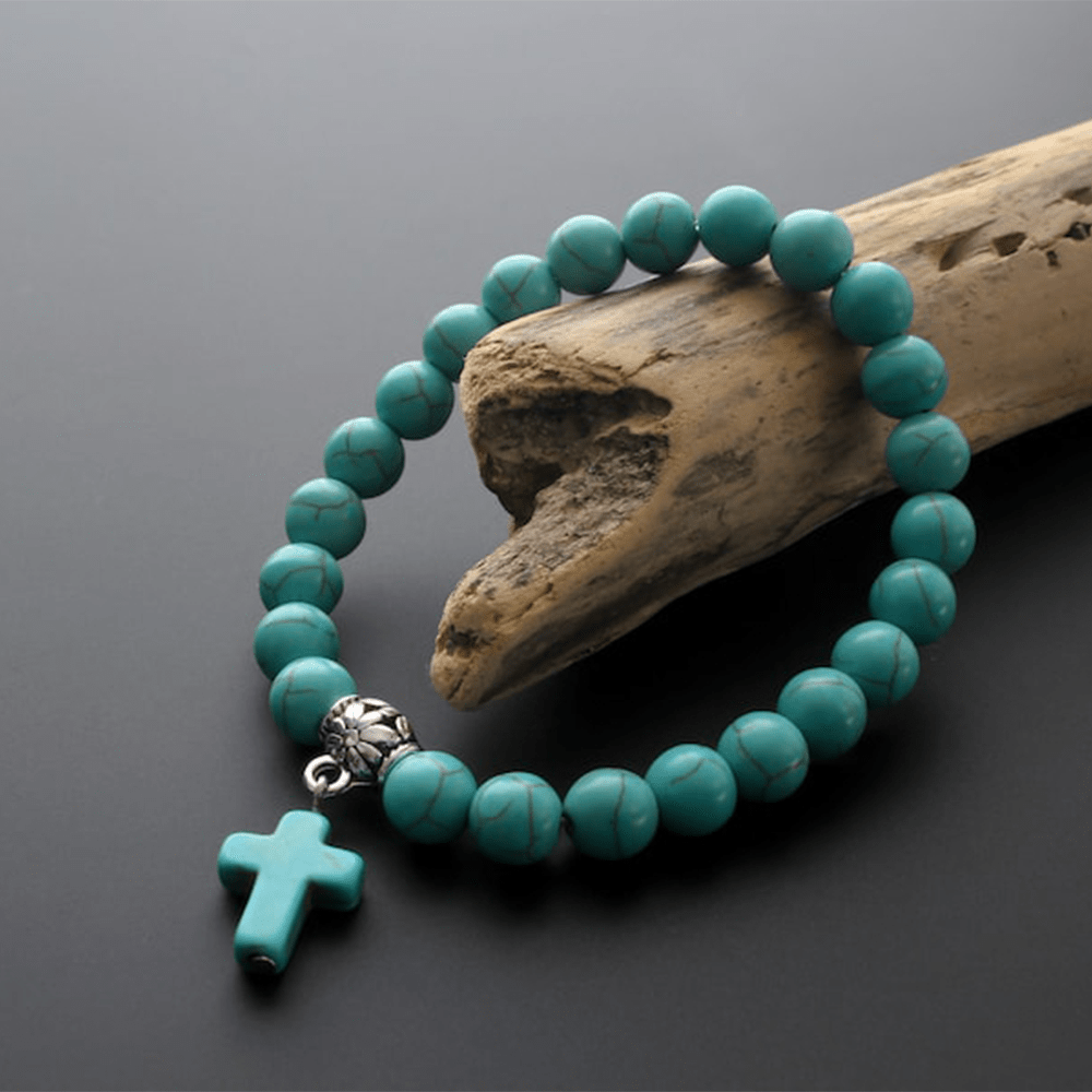 Pulsera Crucifijo de Cuentas de Turquesa Mate