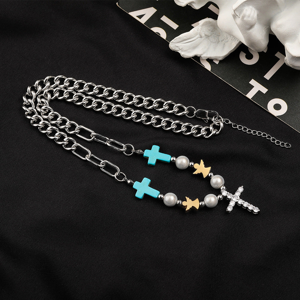 Pulsera/Collar de Titanio con Cruz de Turquesa y Circonia Hecha a Mano