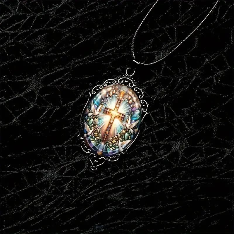 Collar con Dije de Cristal de Cruz y Paloma Santa Estilo Retro