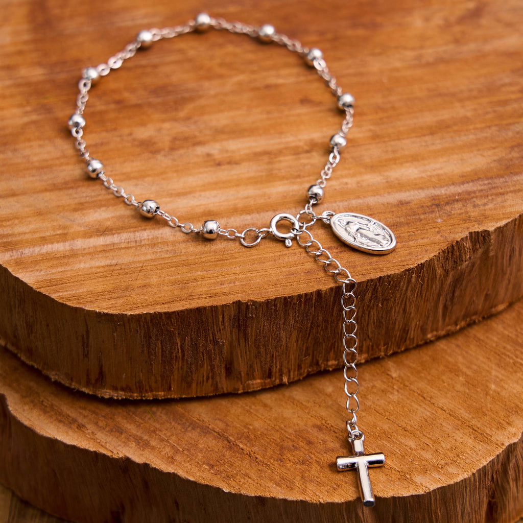 Pulsera Casual Ajustable con Medalla de la Virgen María y Cruz
