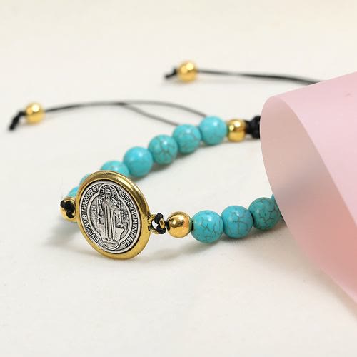 Pulsera de Cuentas de Turquesa de Oración y Bendición de San Benito