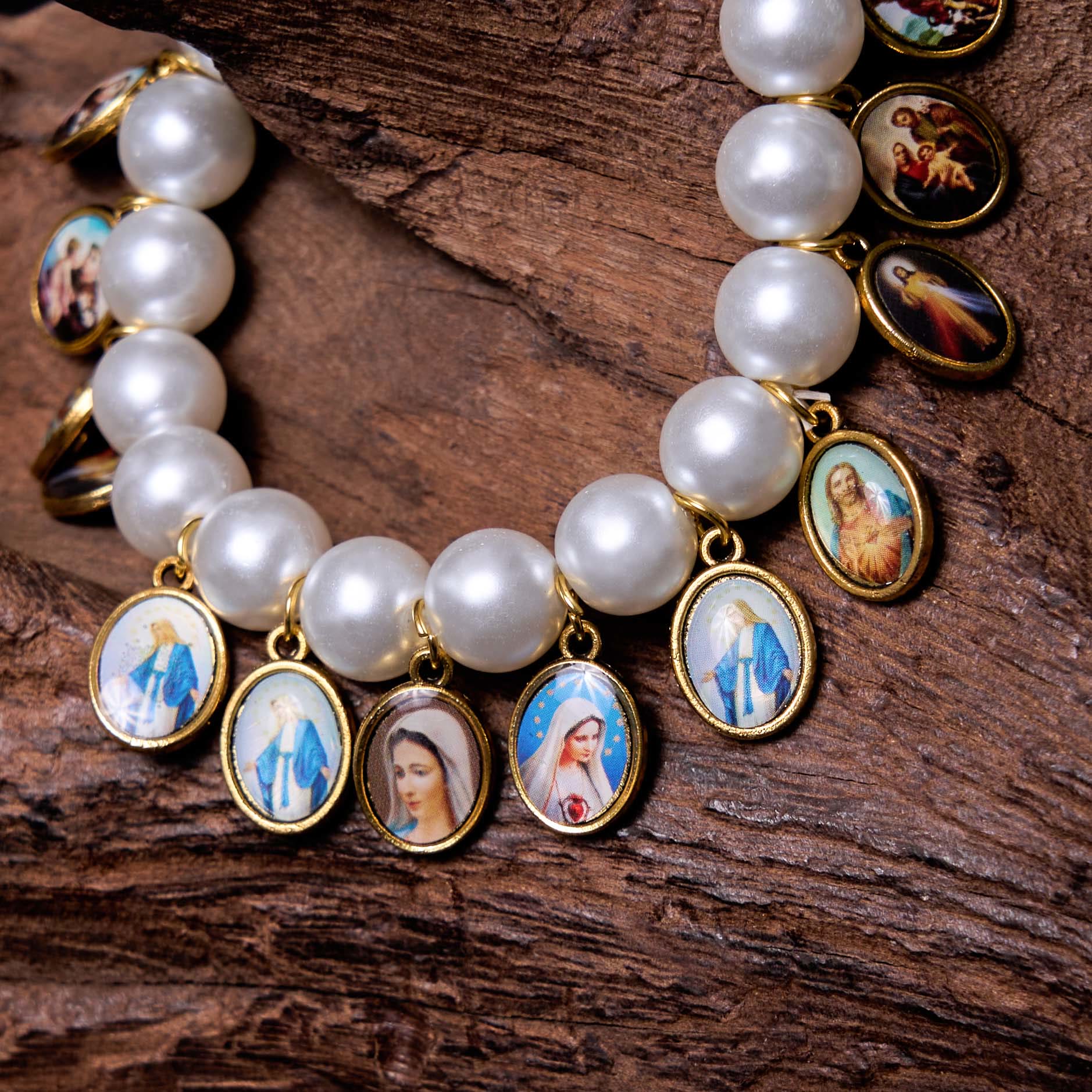 Pulsera de Perlas con Medallas de Jesús y María y Cruz Estilo Retro