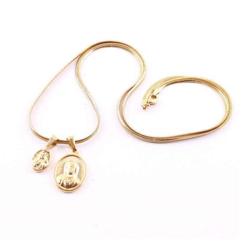 Collar de Oro con Doble Dije Redondo de la Virgen