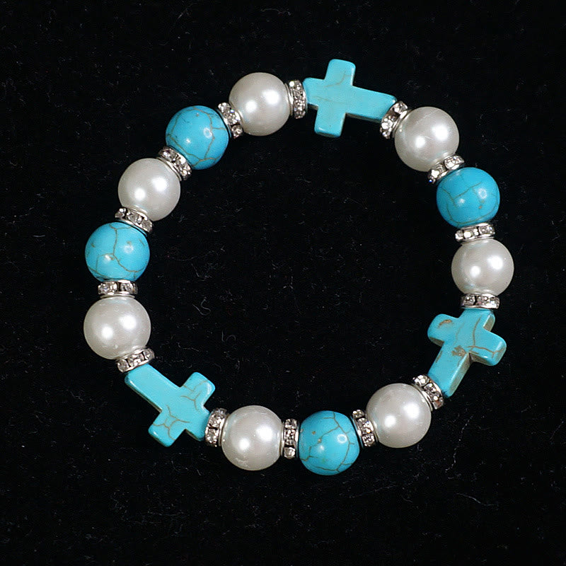 Pulsera de Energía Sanadora de Cruz con Perla y Turquesa