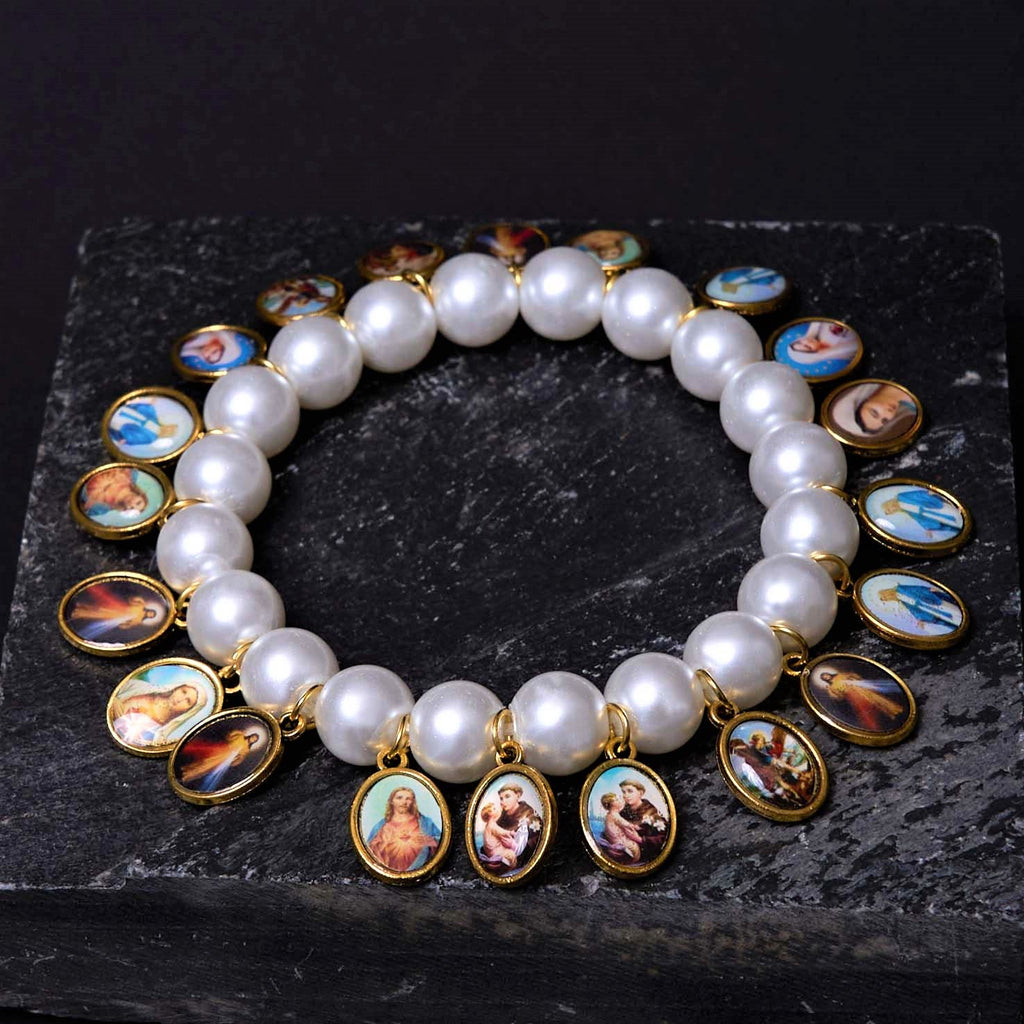 Pulsera de Perlas con Medallas de Jesús y María y Cruz Estilo Retro