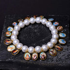Pulsera de Perlas con Medallas de Jesús y María y Cruz Estilo Retro