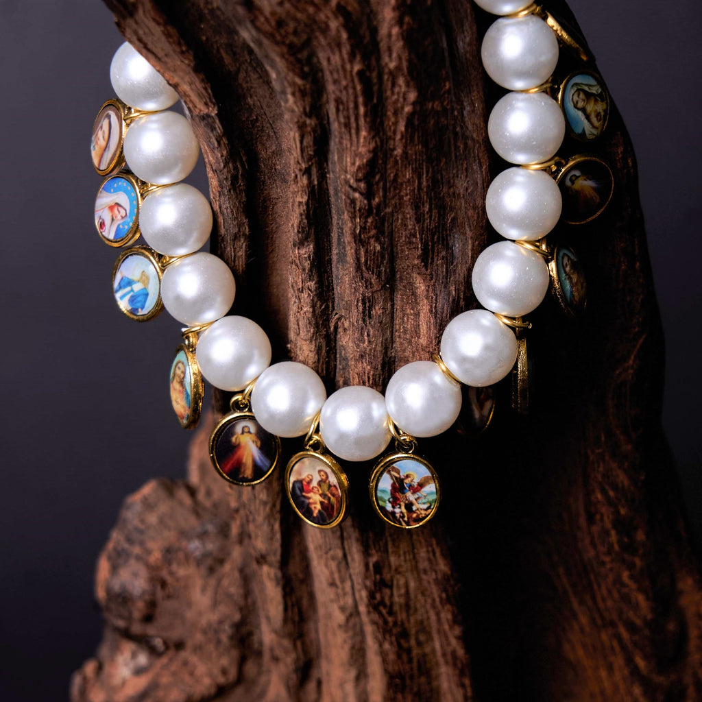 Pulsera de Perlas con Medallas de Jesús y María y Cruz Estilo Retro