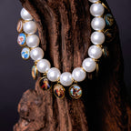 Pulsera de Perlas con Medallas de Jesús y María y Cruz Estilo Retro