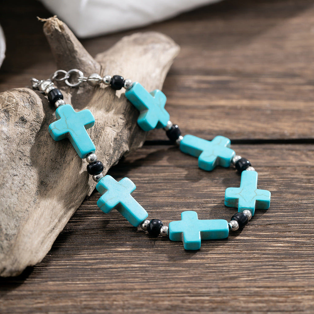 Pulsera de Turquesa de Oración con Cuentas y Crucifijo