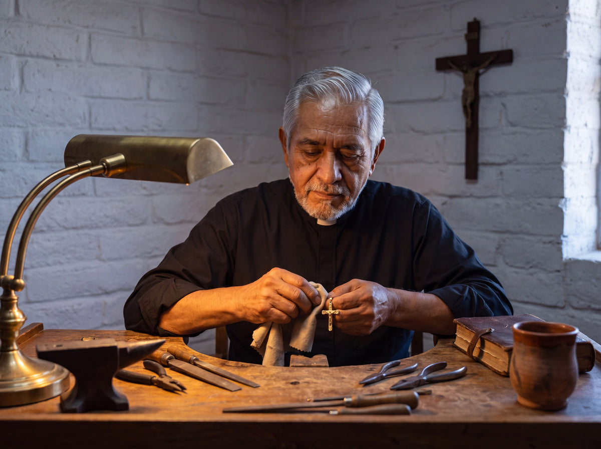 El padre puliendo una cruz de oro en su taller