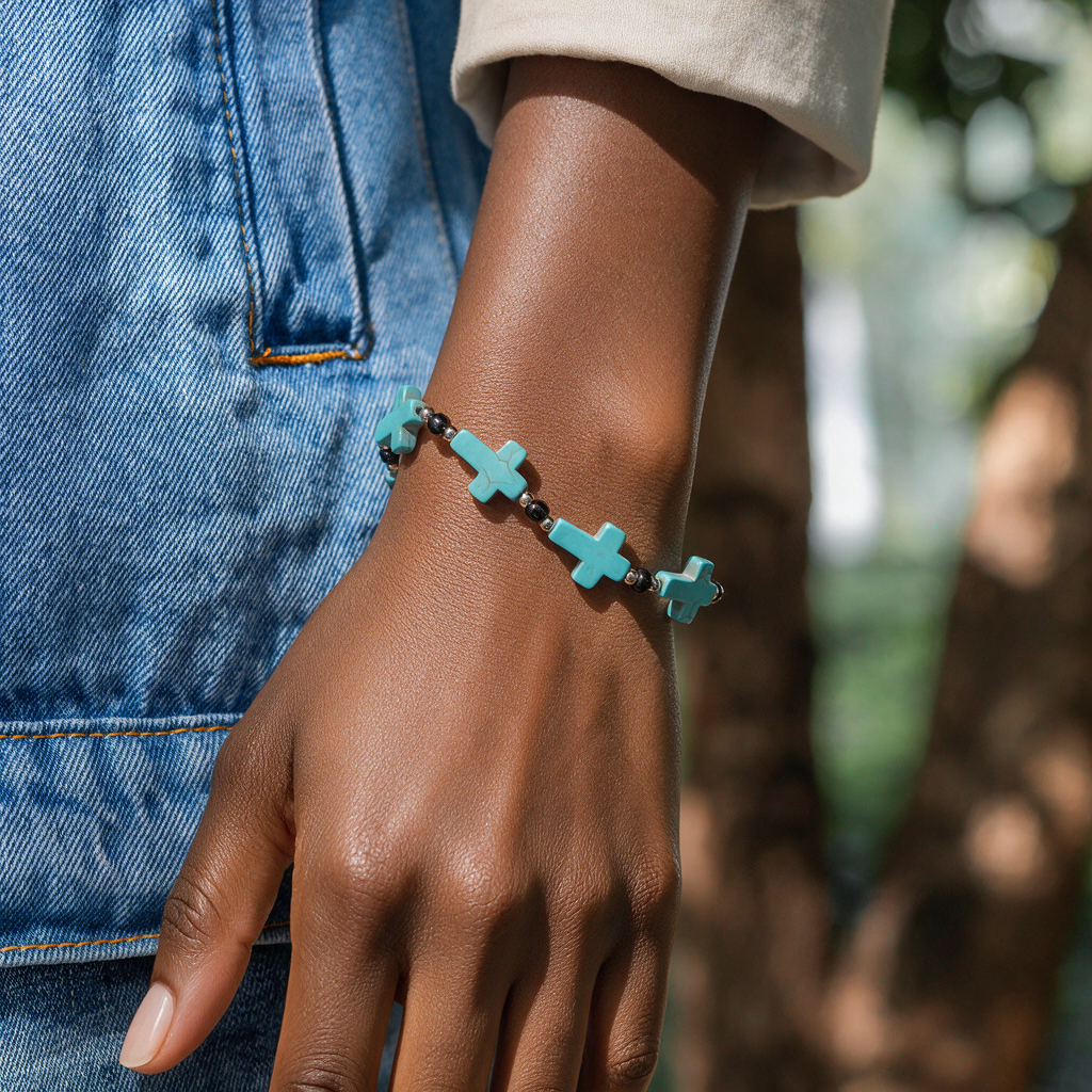 Crucifix Prayer Beaded Turquoise Bracelet