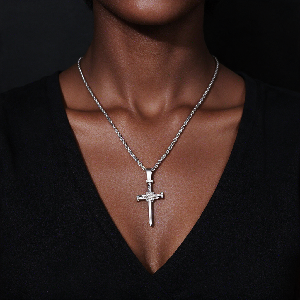 Zircon-Accented Nail Shaped Cross Pendant