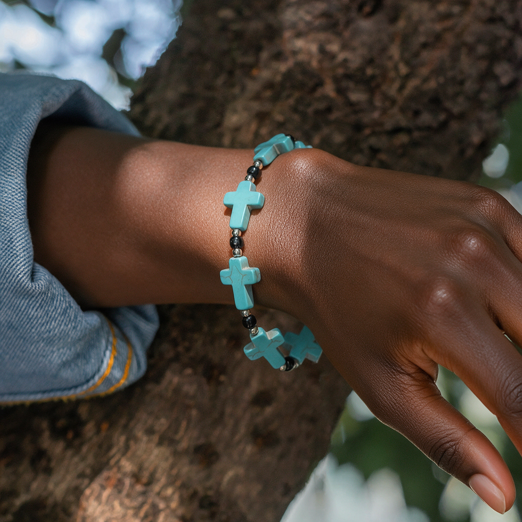 Crucifix Prayer Beaded Turquoise Bracelet