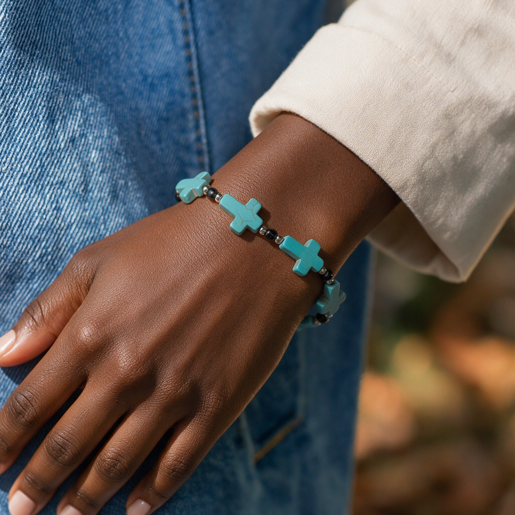 Crucifix Prayer Beaded Turquoise Bracelet