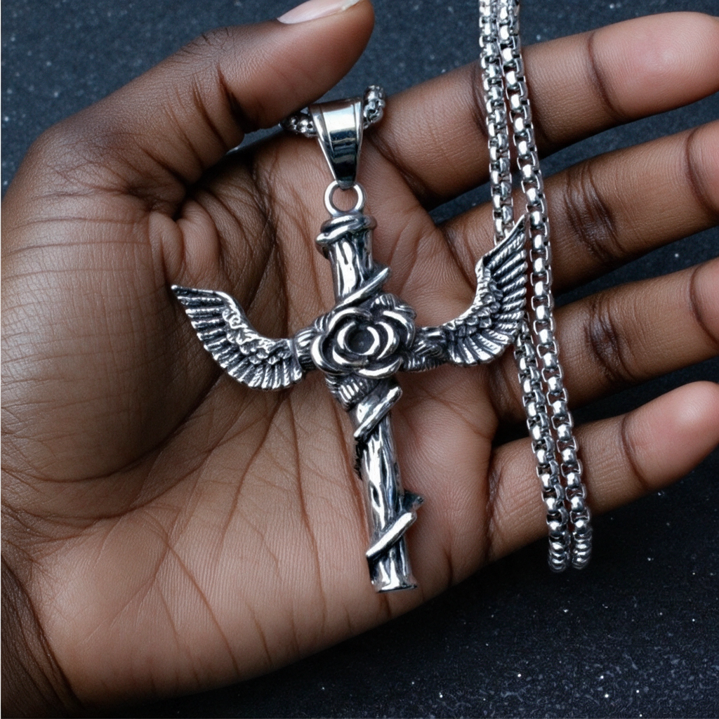 Retro Style Wings Rose Cross Pendant Titanium Necklace
