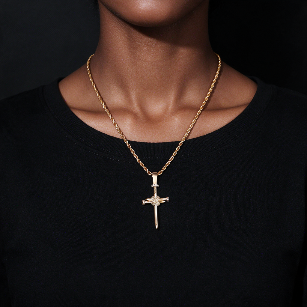 Zircon-Accented Nail Shaped Cross Pendant