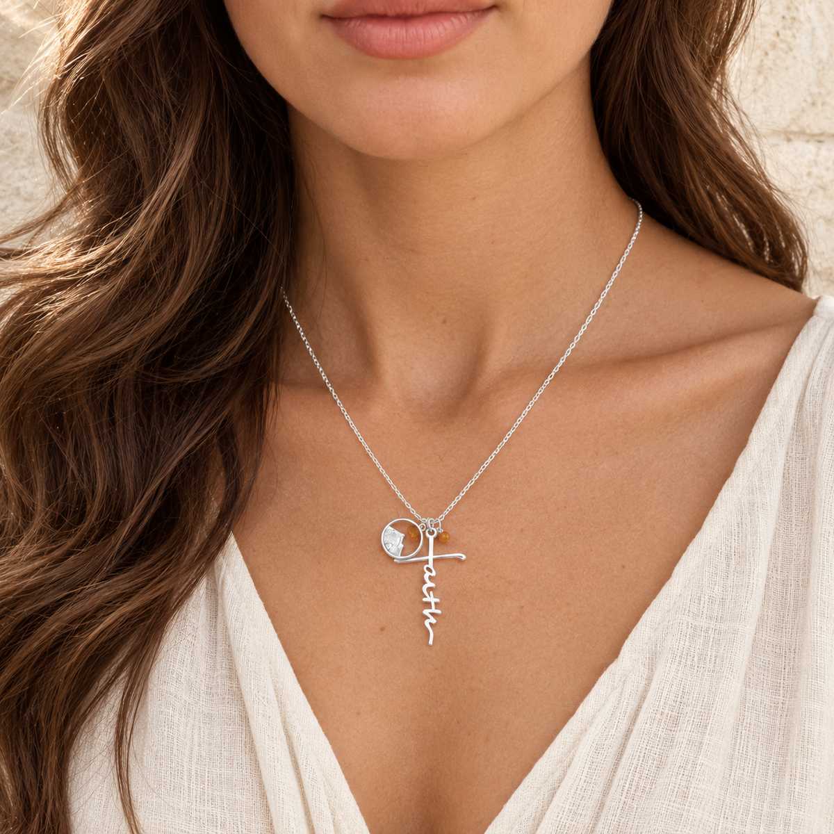 Faith Script Cross Mustard Seed Necklace