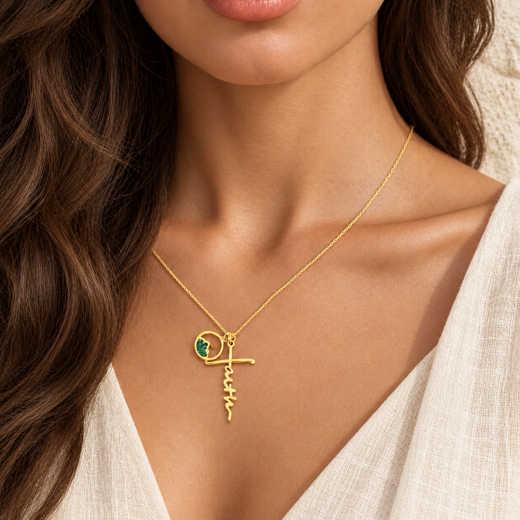 Faith Script Cross Mustard Seed Necklace