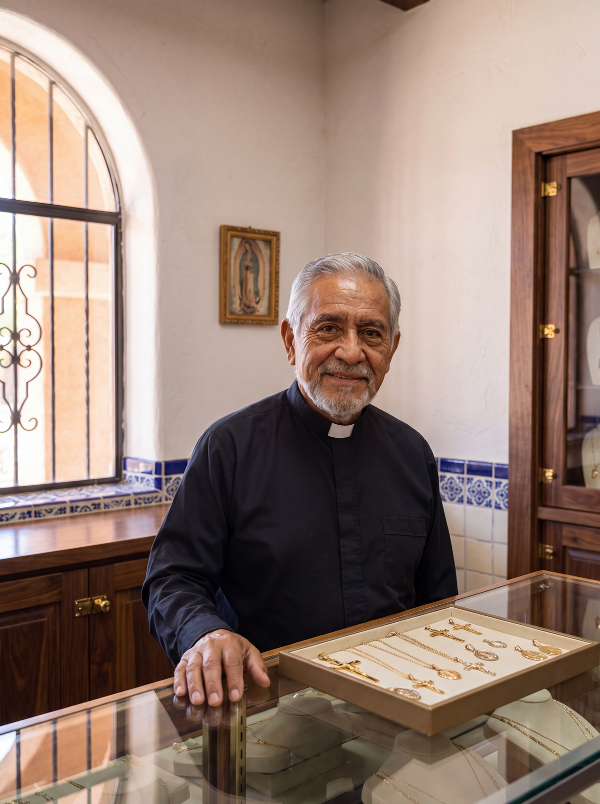 Padre de Gracia Divina tras el mostrador de la joyería