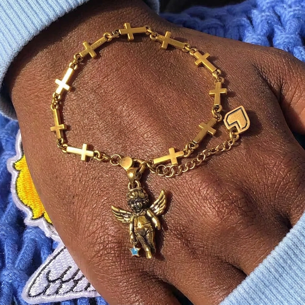 Pulsera de Bronce con Estrella de la Suerte, Ángel y Cruz de Corazón Estilo Retro