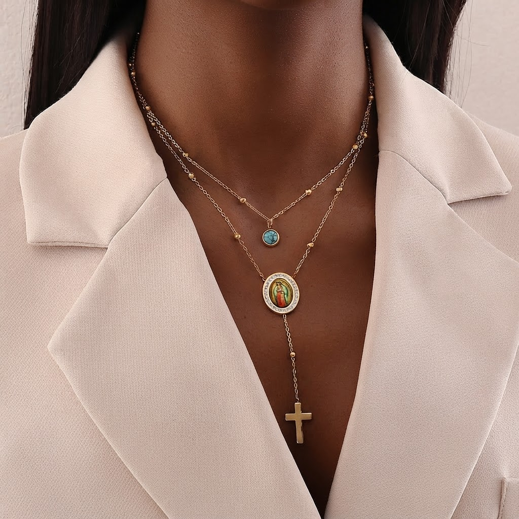 Collar de Doble Capa de Cruz de Turquesa con la Virgen de Guadalupe Estilo Minimalista